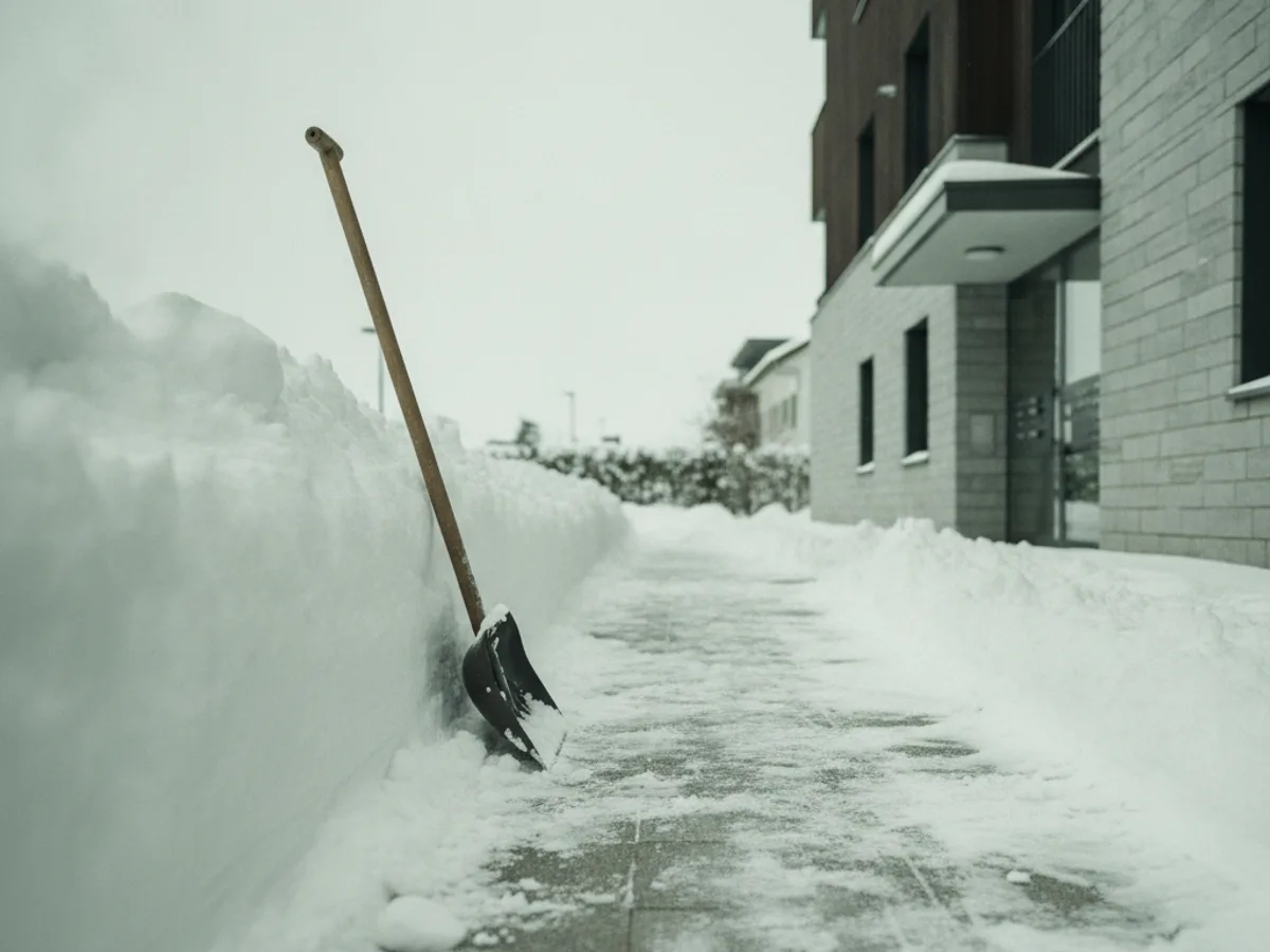 Geräumter Gehweg vor einem Mehrfamilienhaus im Winter